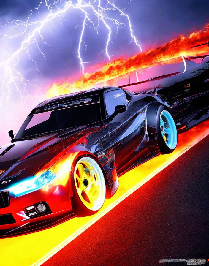 Stylized image of modified sports car with glowing wheels under dramatic sky