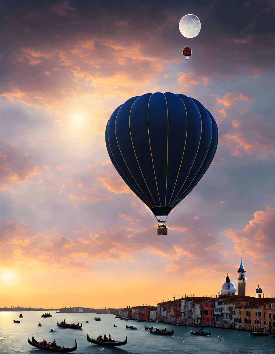 Hot air balloon over Venice-like city with gondolas and surreal moon at sunset