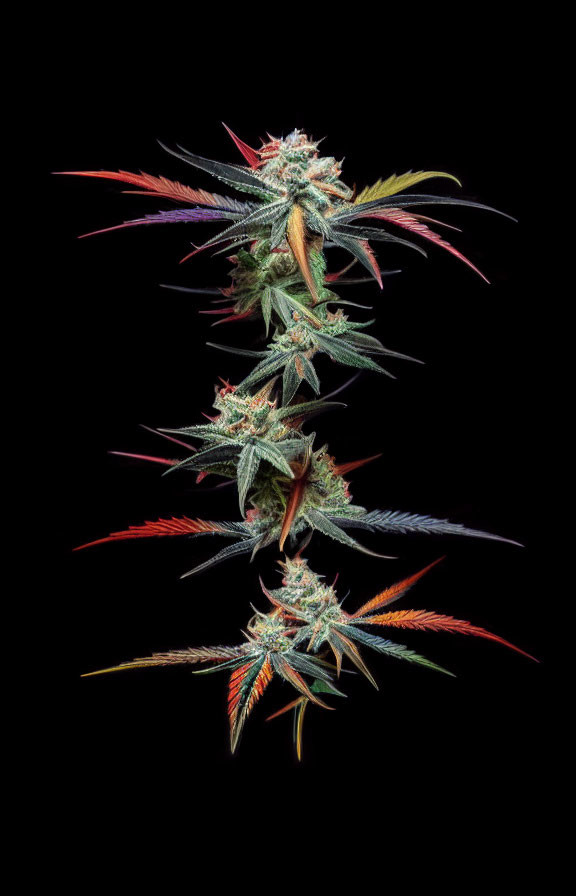 Vertical display of three cannabis buds with trichomes and multicolored leaves on black background