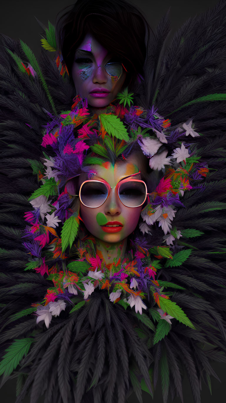 Vibrant floral and feather adorned individuals against dark background