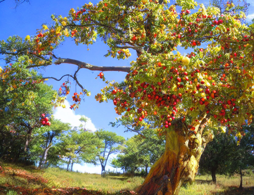 Colorful tree with red and yellow fruits under blue sky and green surroundings