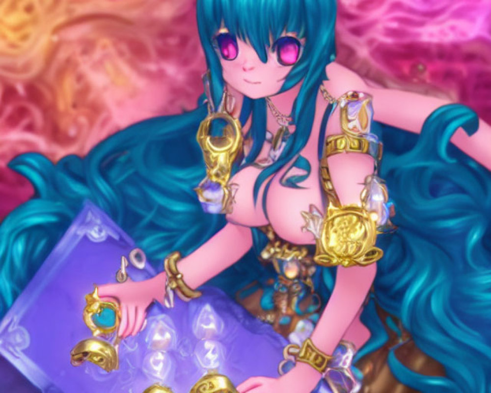 Vibrant character with blue hair and pink eyes examining jewels on purple surface