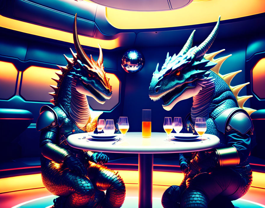 Futuristic dragons at table in neon-lit sci-fi setting