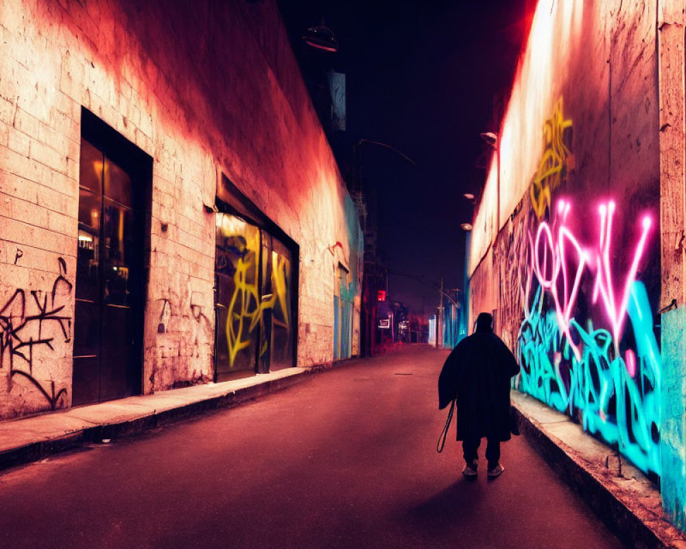 Lonely figure in brightly lit urban alley with colorful graffiti