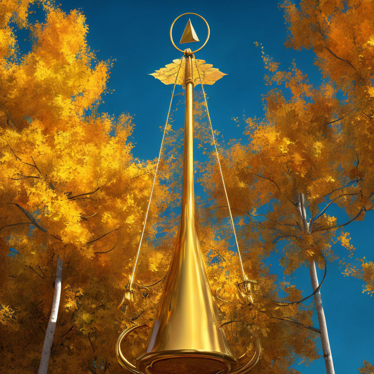 Golden Pen Nib Monument with Leaf Accent in Autumn Setting