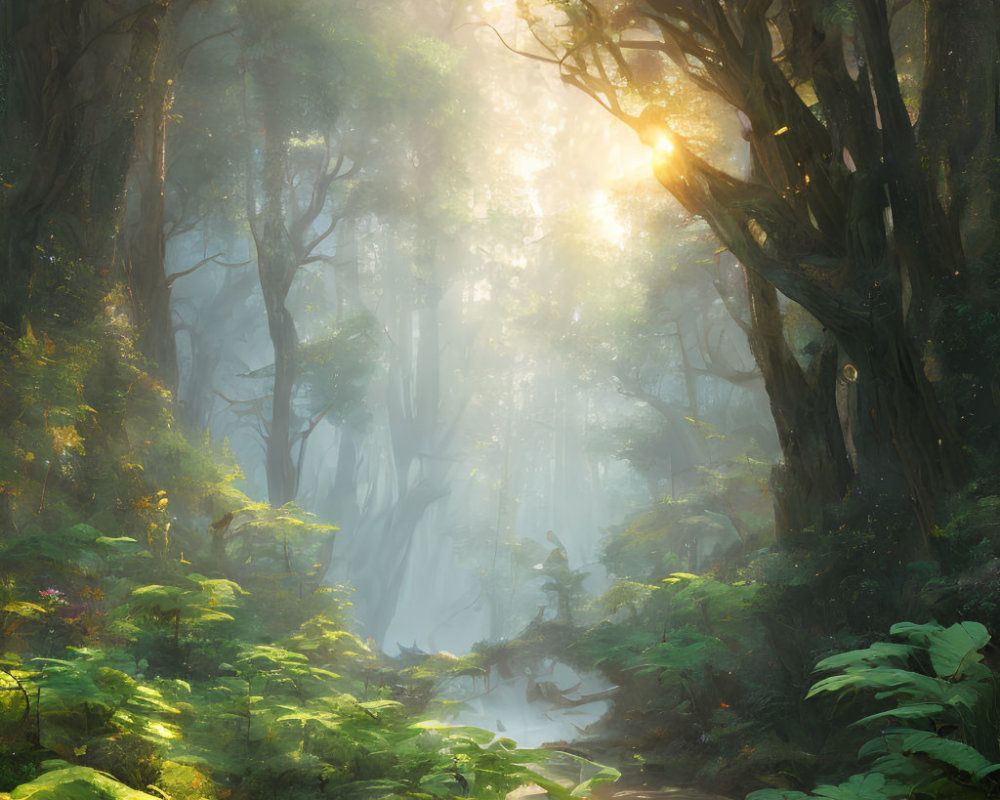 Misty forest scene with tall trees and serene stream