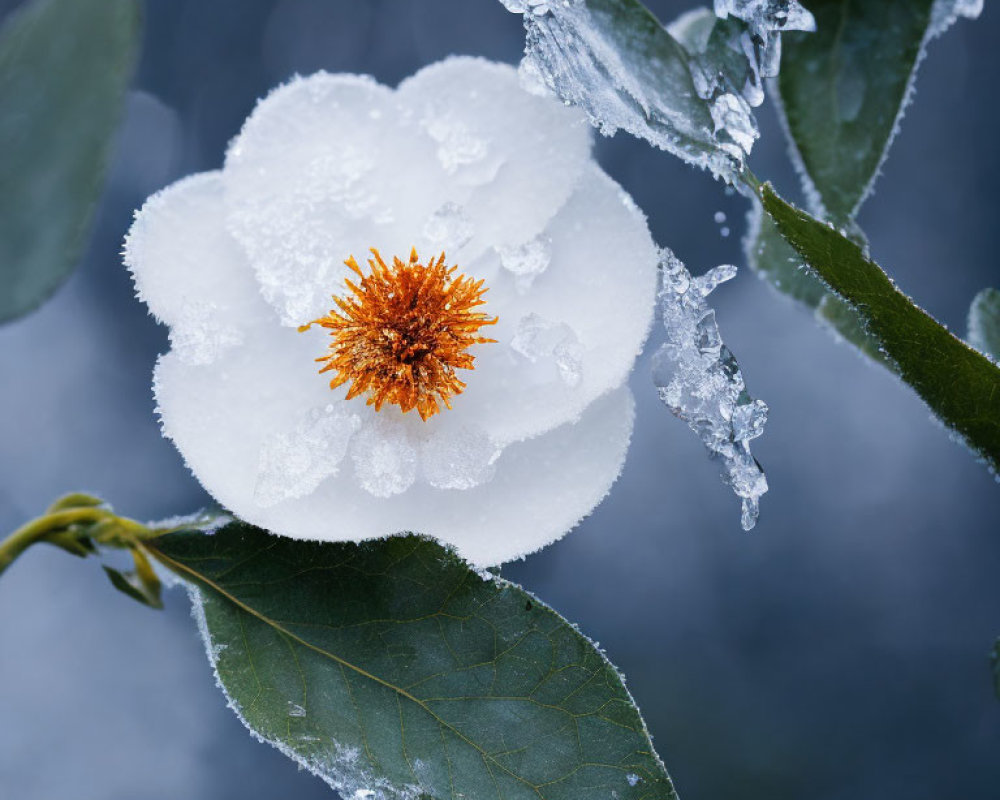 White and Orange Flower Frosted with Ice on Icy Leaves