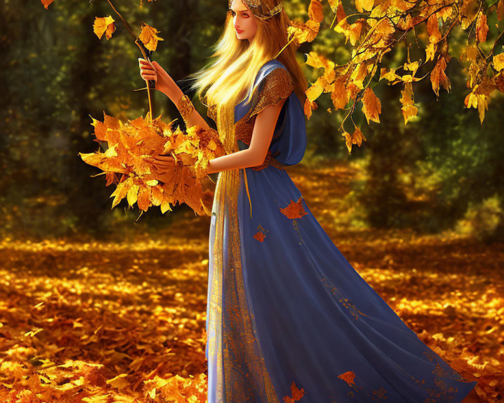 Medieval woman in blue dress under autumn trees with yellow leaves.