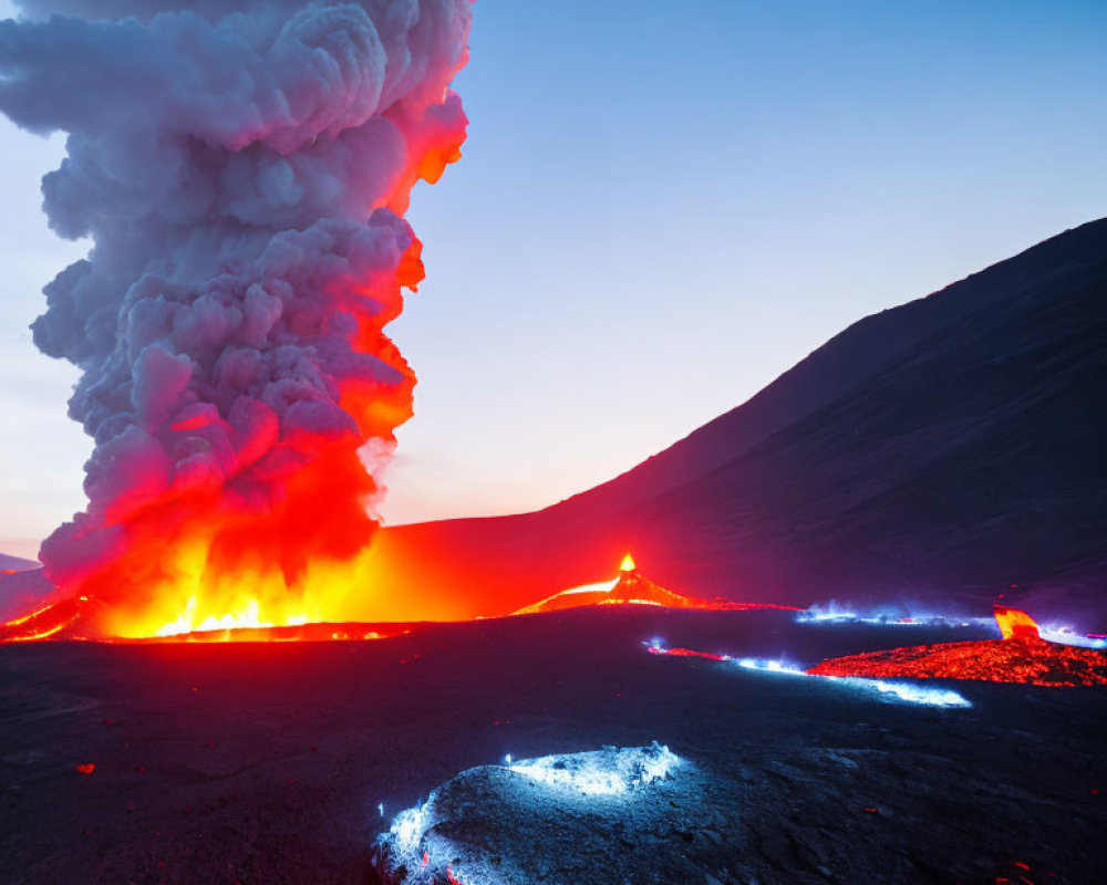 Twilight volcanic eruption with vibrant red and blue hues