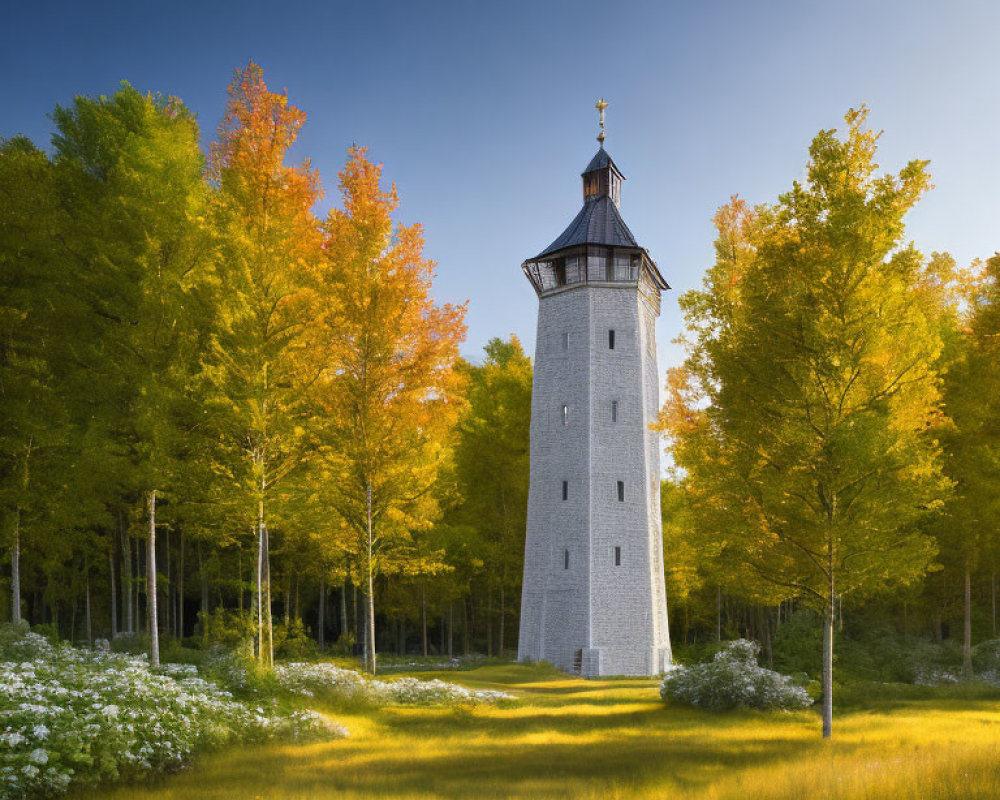 Stone tower in autumn forest with clear blue sky