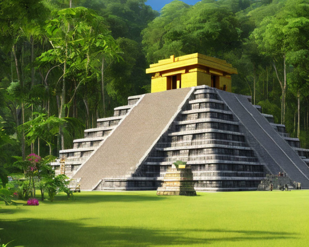 Mesoamerican step pyramid in lush forest with gold temple - 3D rendering