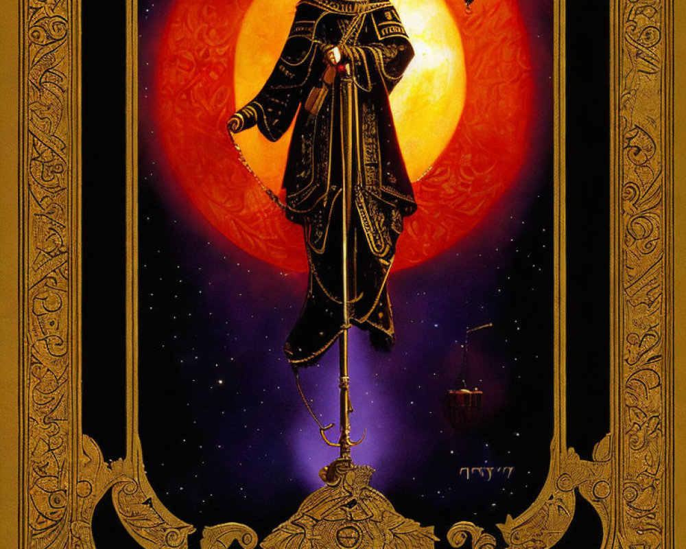 Regal figure in ornate armor on pinnacle under red moon.