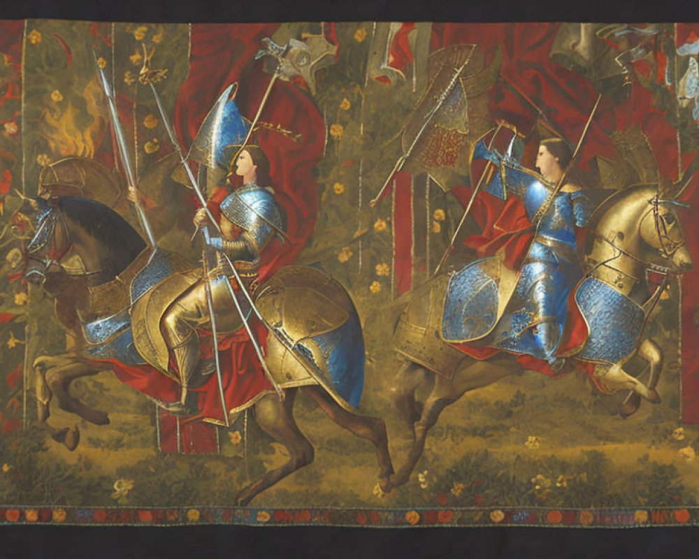 Medieval knights on horseback with lances in red and gold tapestry.