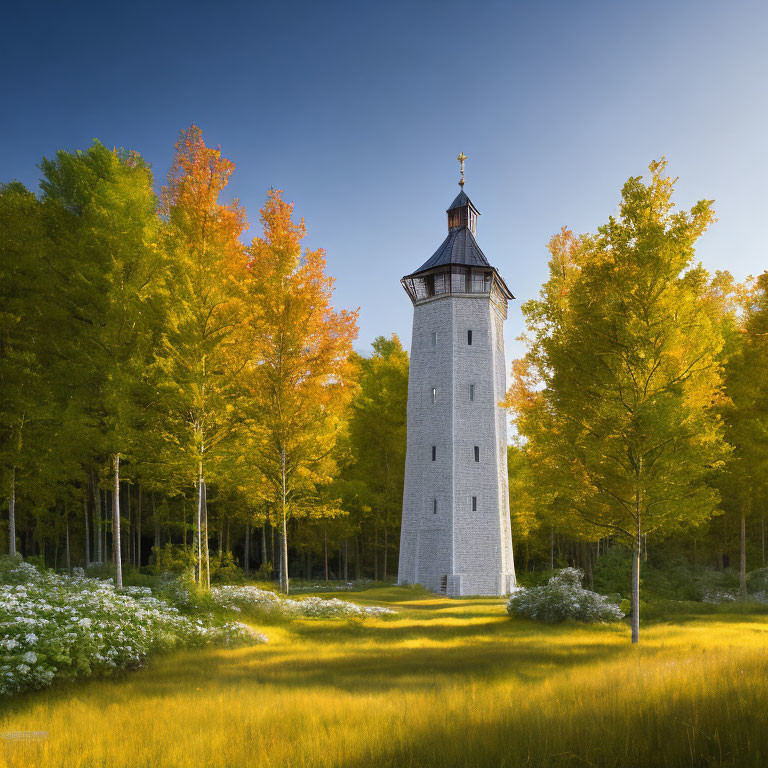 Stone tower in autumn forest with clear blue sky