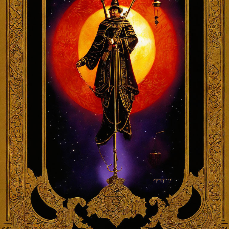 Regal figure in ornate armor on pinnacle under red moon.