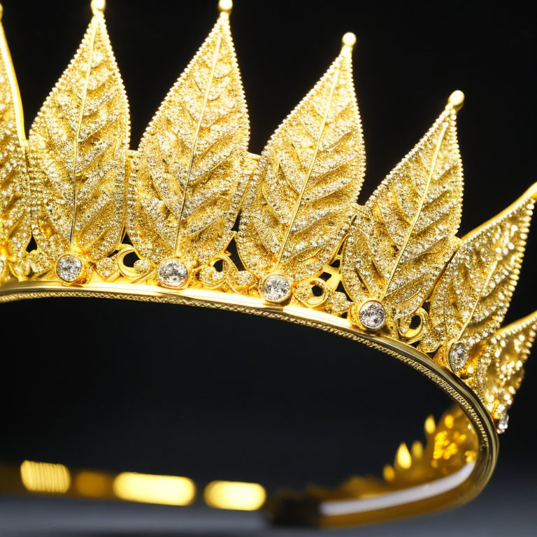 Golden tiara with leaf designs and gemstones on black background