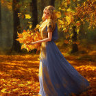 Medieval woman in blue dress under autumn trees with yellow leaves.