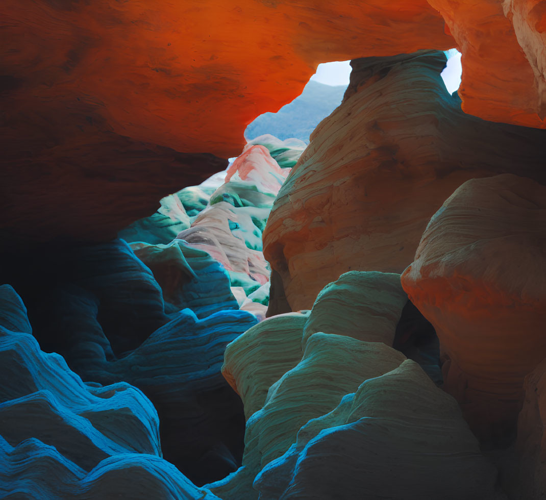 Colorful Slot Canyon Layers in Orange, Blue, and Green