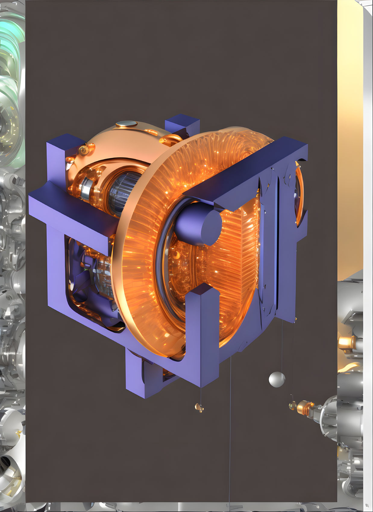 Abstract 3D Rendering of Mechanical Object with Orange Glowing Elements