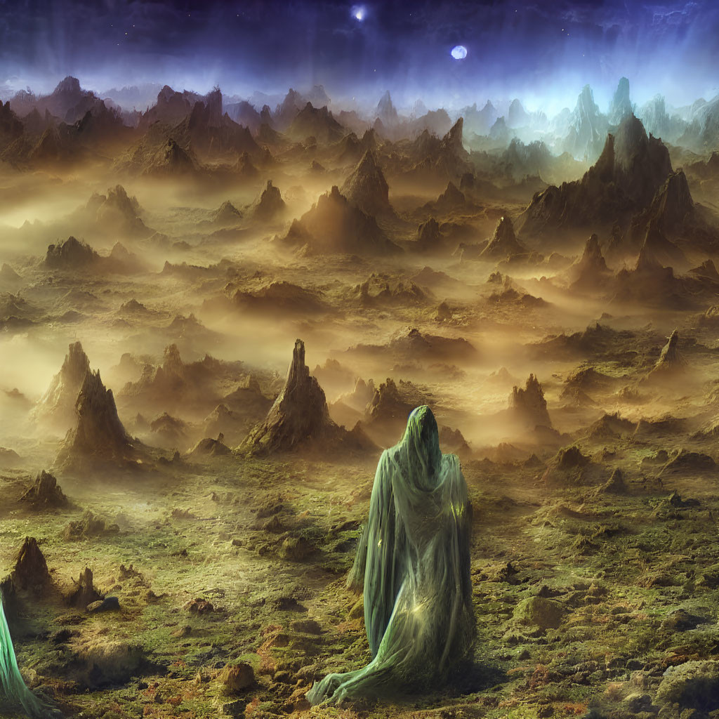 Mystical landscape with jagged mountains and starry sky