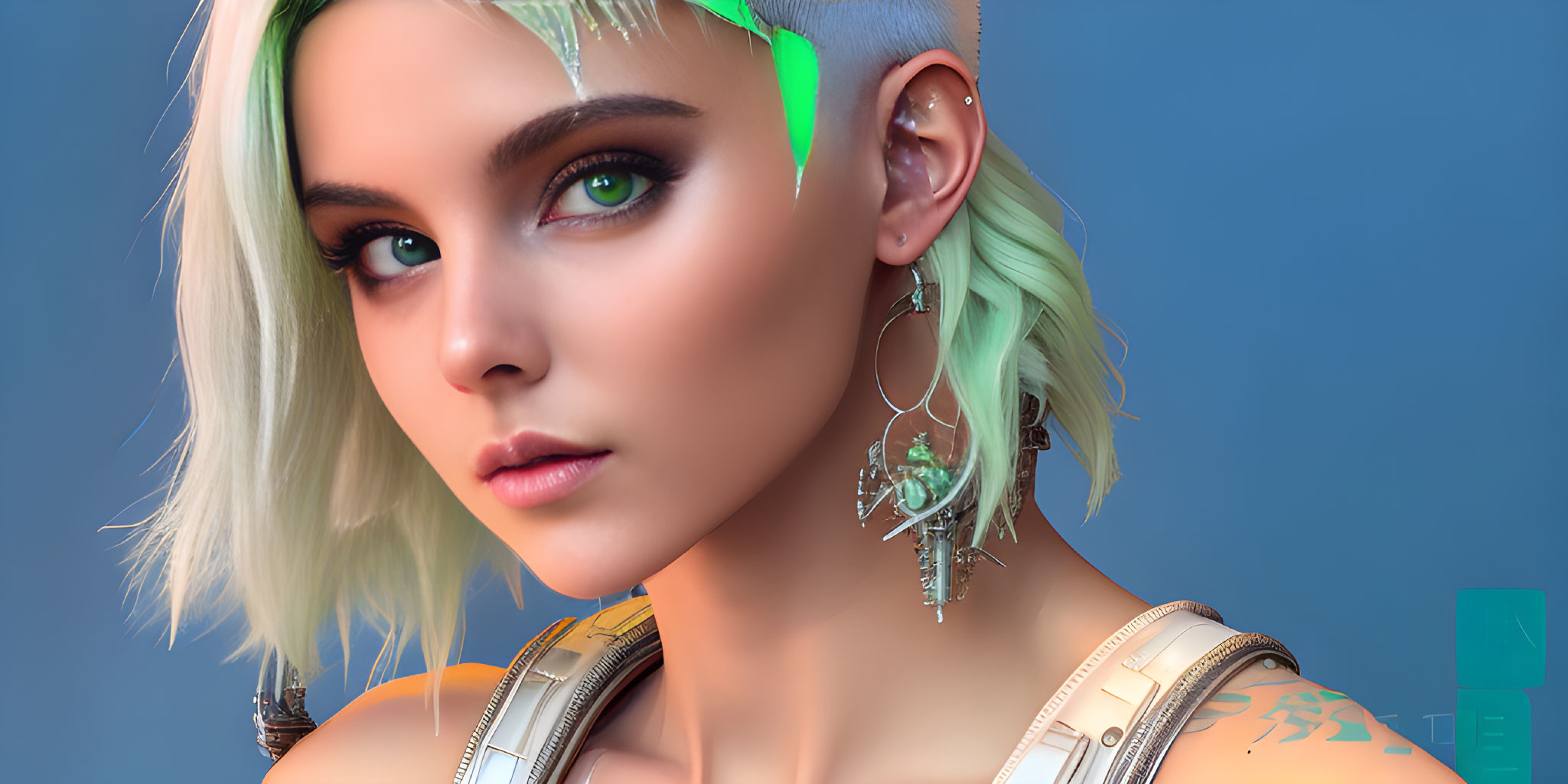 Portrait of a woman with green eyes, platinum blonde hair, unique earrings, and futuristic attire