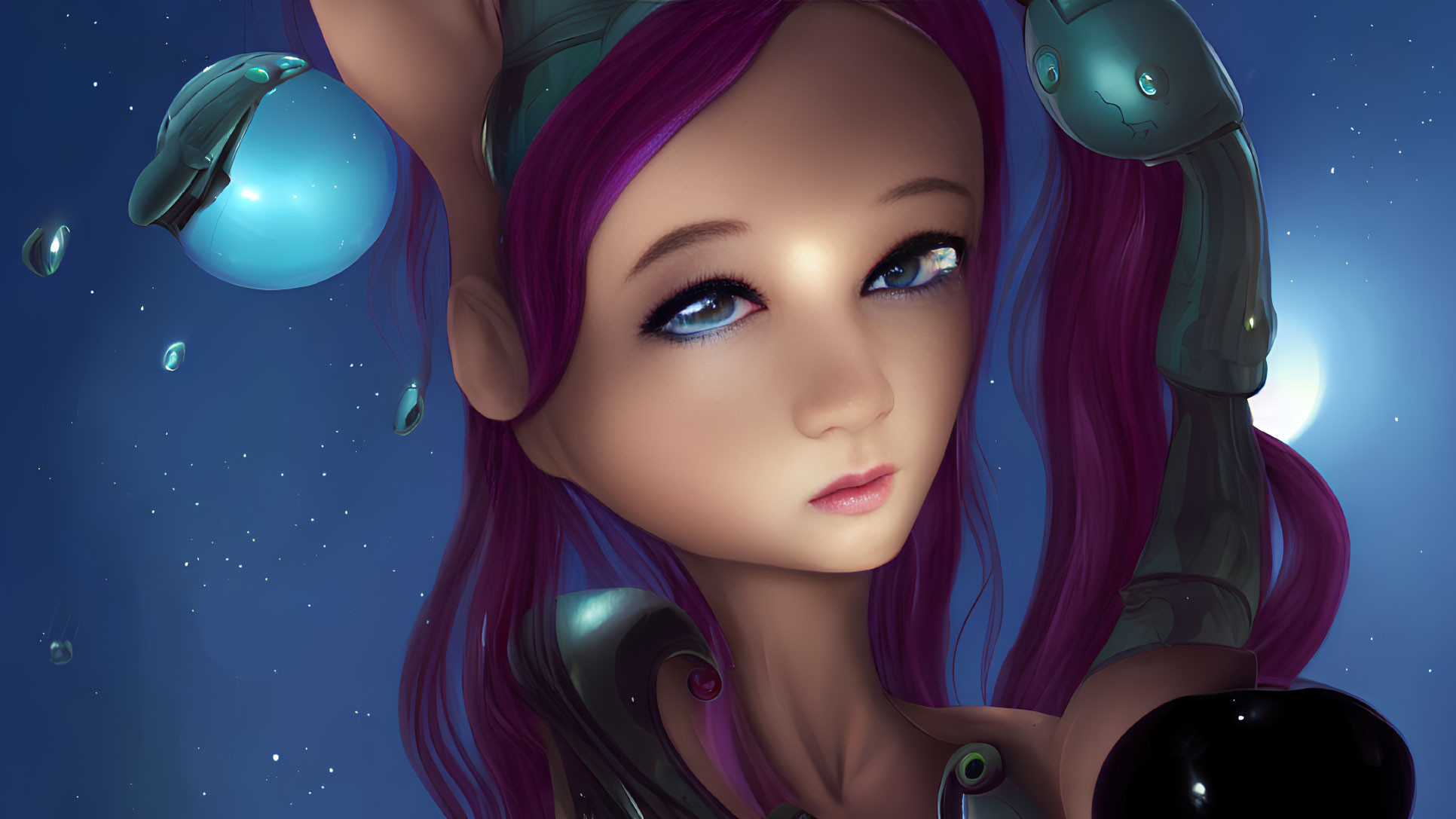 Digital artwork: Female character with purple hair, blue eyes, futuristic headphones, blue glow, water dro