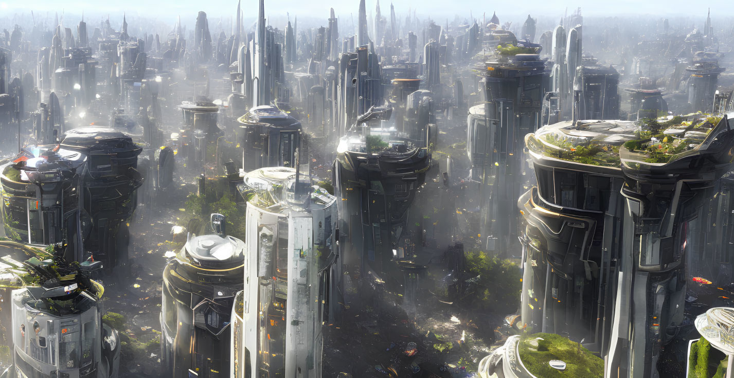 Futuristic cityscape with towering skyscrapers and green rooftop gardens in sunlight