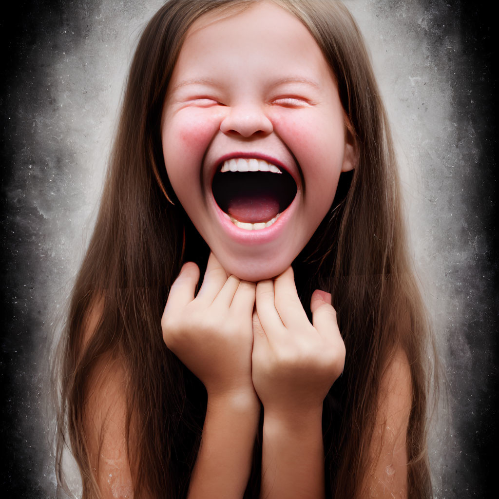 Young girl with long hair laughing against grey background