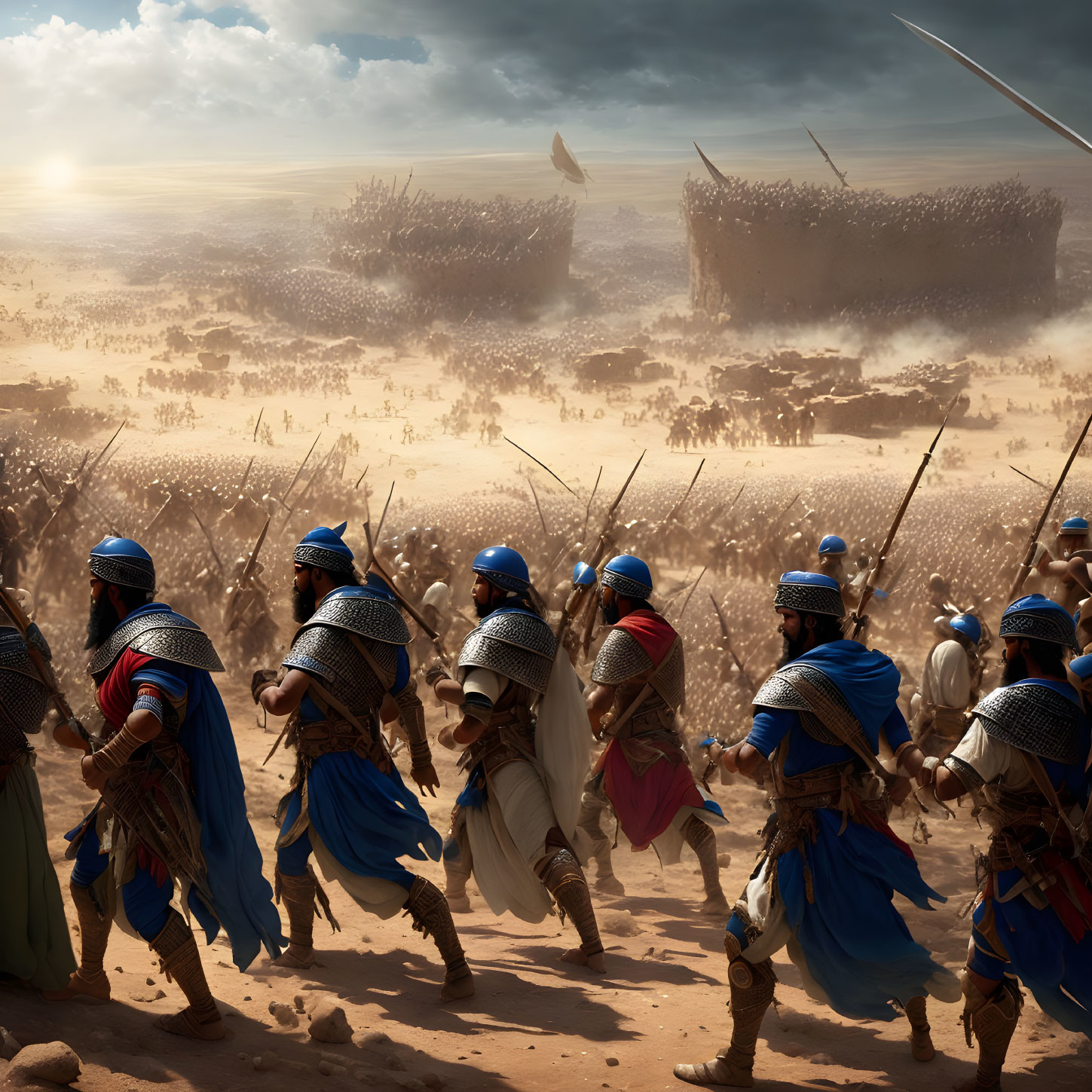 Ancient battlefield scene with blue-armored soldiers in combat