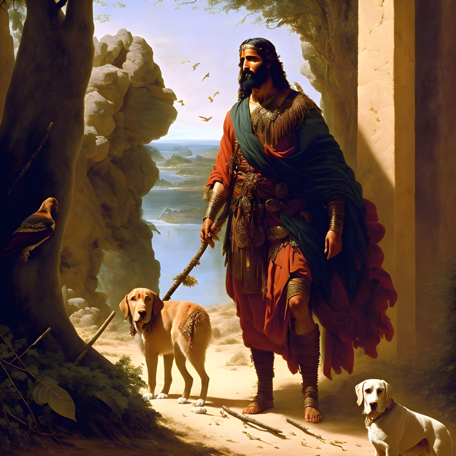 Historical man with dogs at cave entrance overlooking coastal landscape