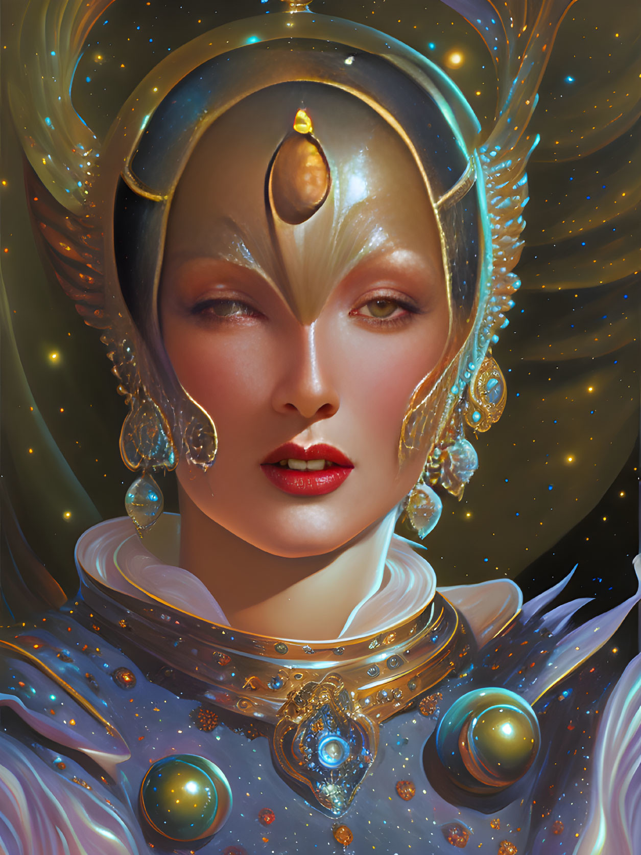 Celestial woman portrait with golden headgear and cosmic motifs