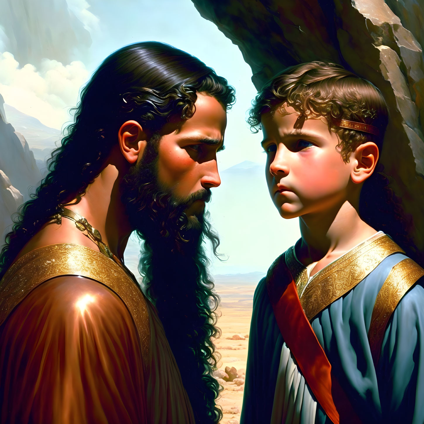 Historical digital artwork of adult male and child in landscape.