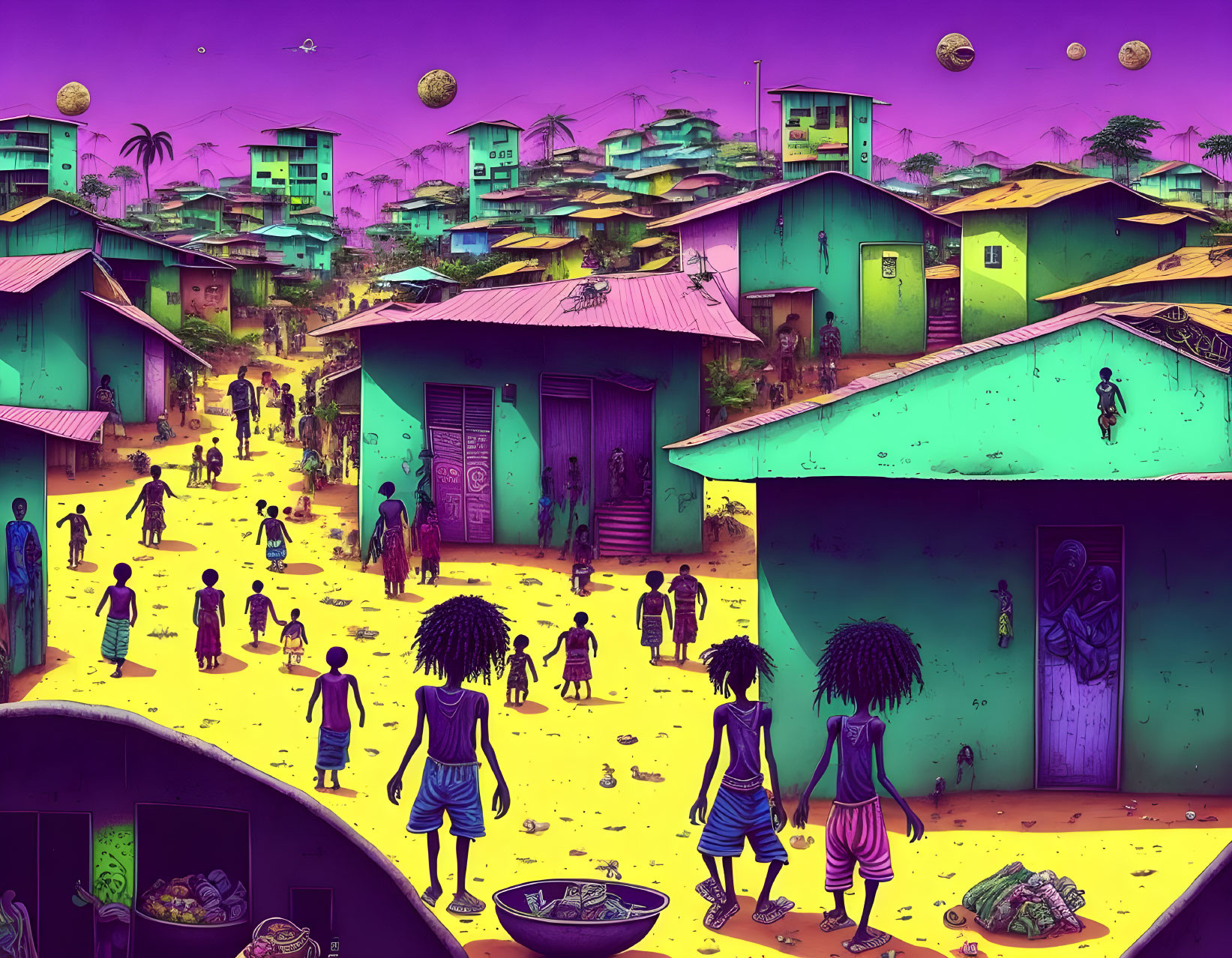 Illustration of vibrant community with traditional houses and surreal sky