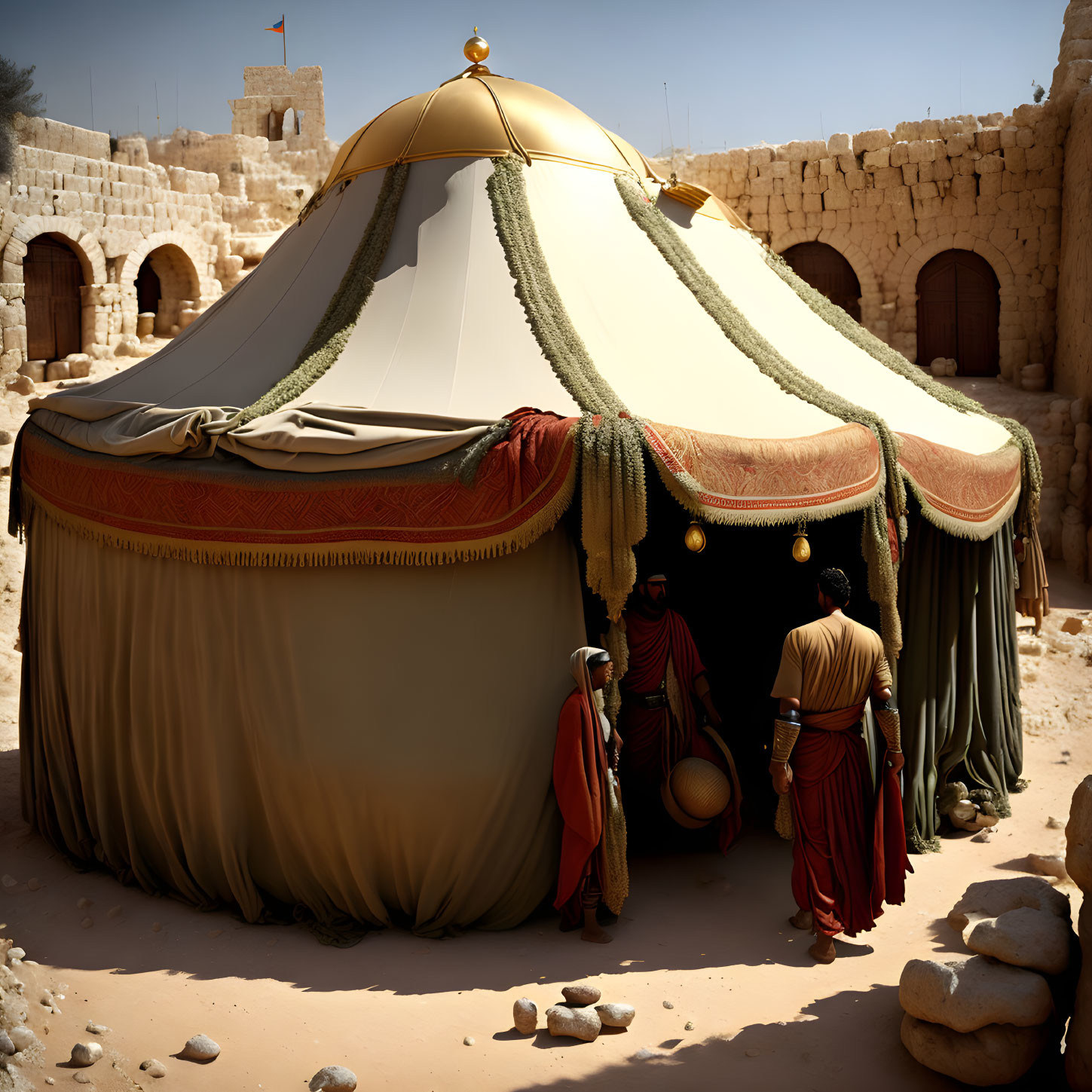 Historical costumes in desert tent with stone walls