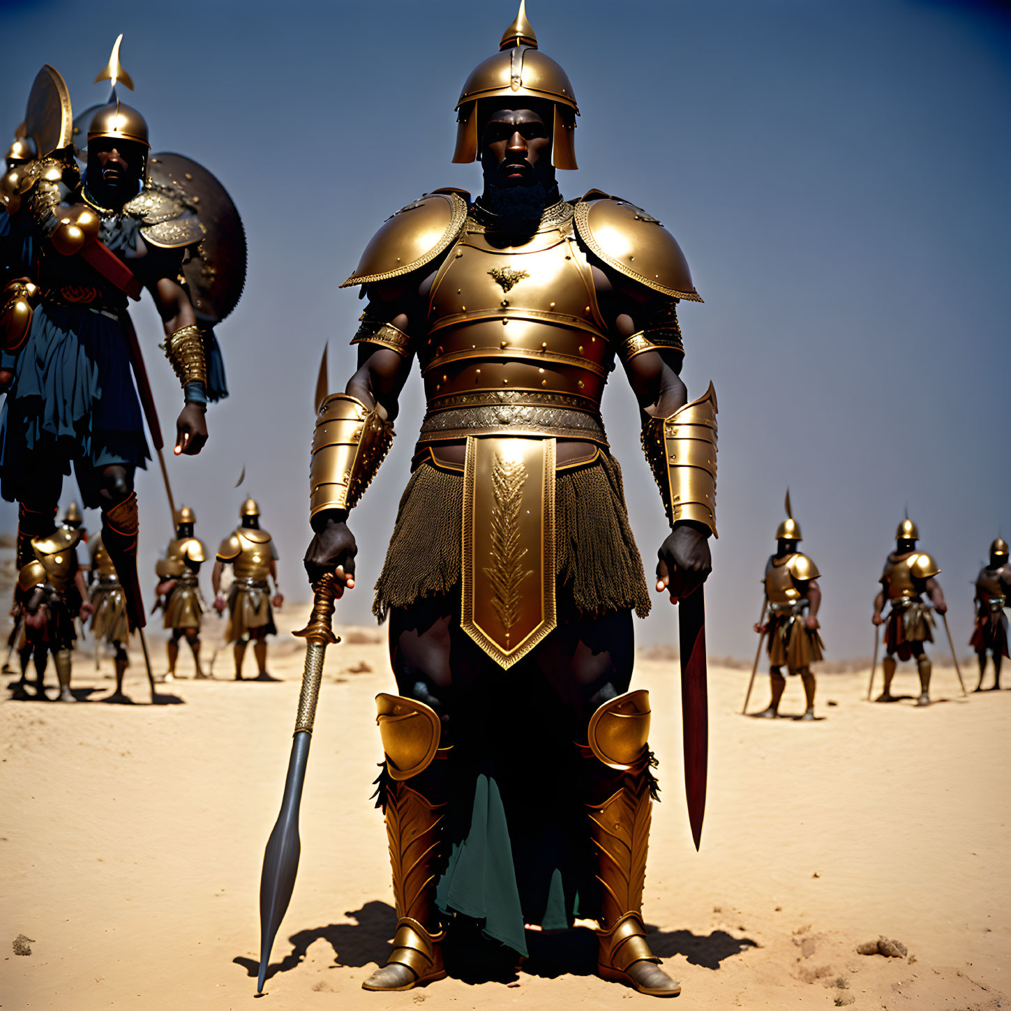 Group of warriors in golden armor standing in desert landscape