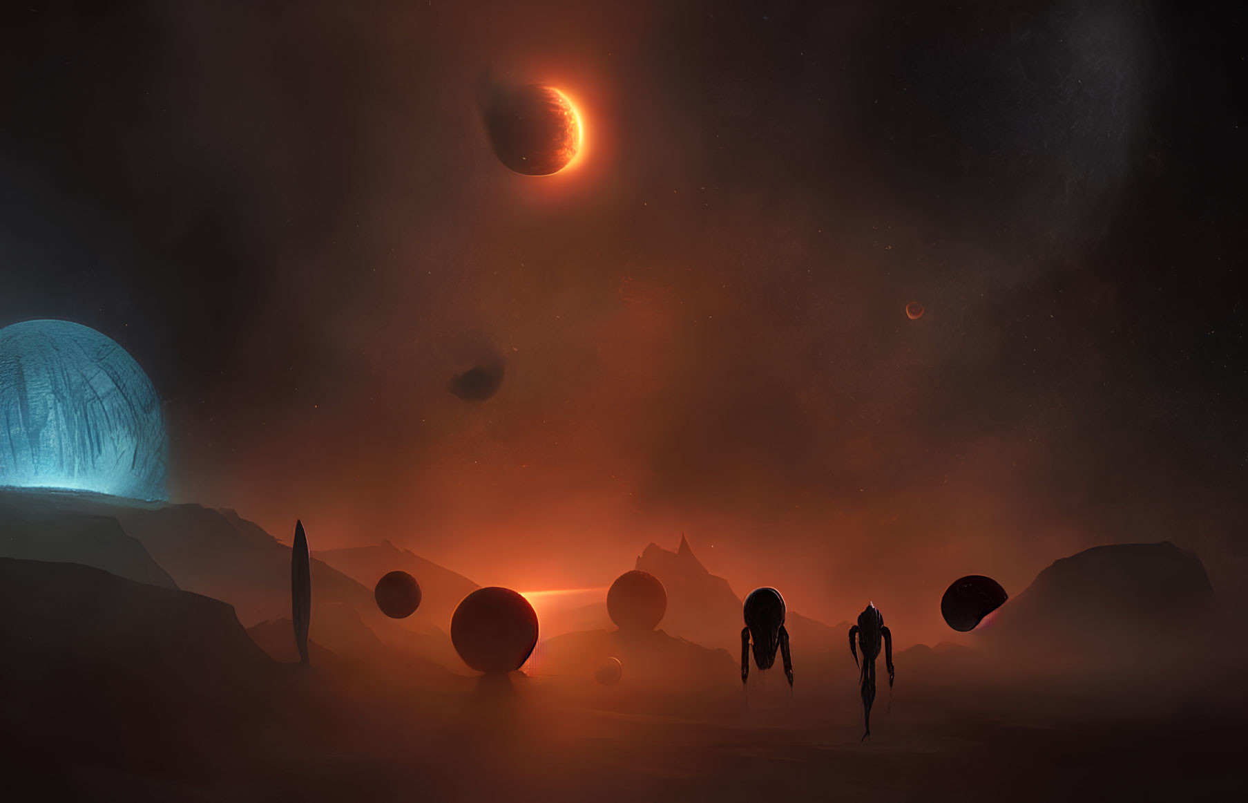 Sci-fi landscape with figures in spacesuits and dome structure