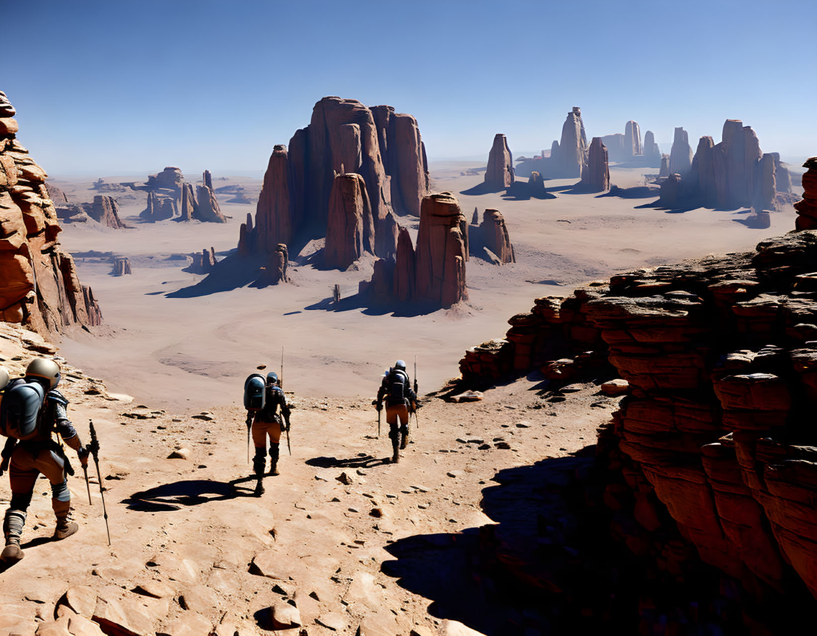 Hikers with backpacks in desert canyon with rock formations