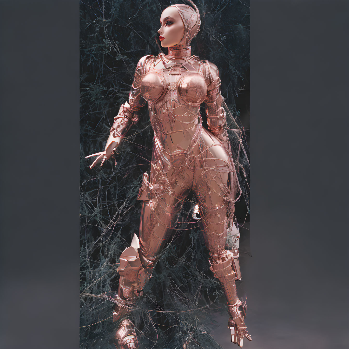 Metallic Female Humanoid Figure Against Dark Background with Intertwined Branches