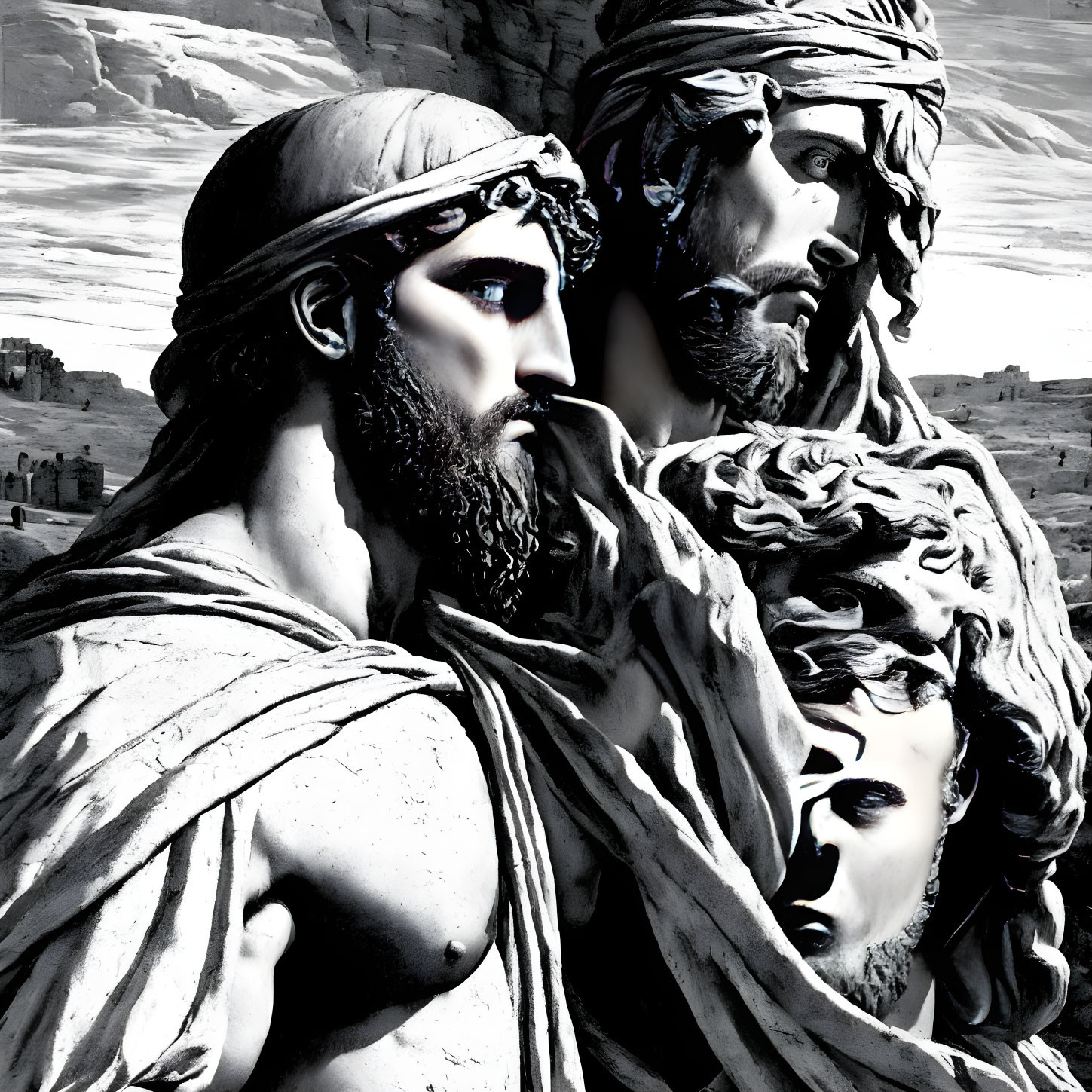 Three Bearded Men Sculpture in Classical Garments Against Cloudy Sky