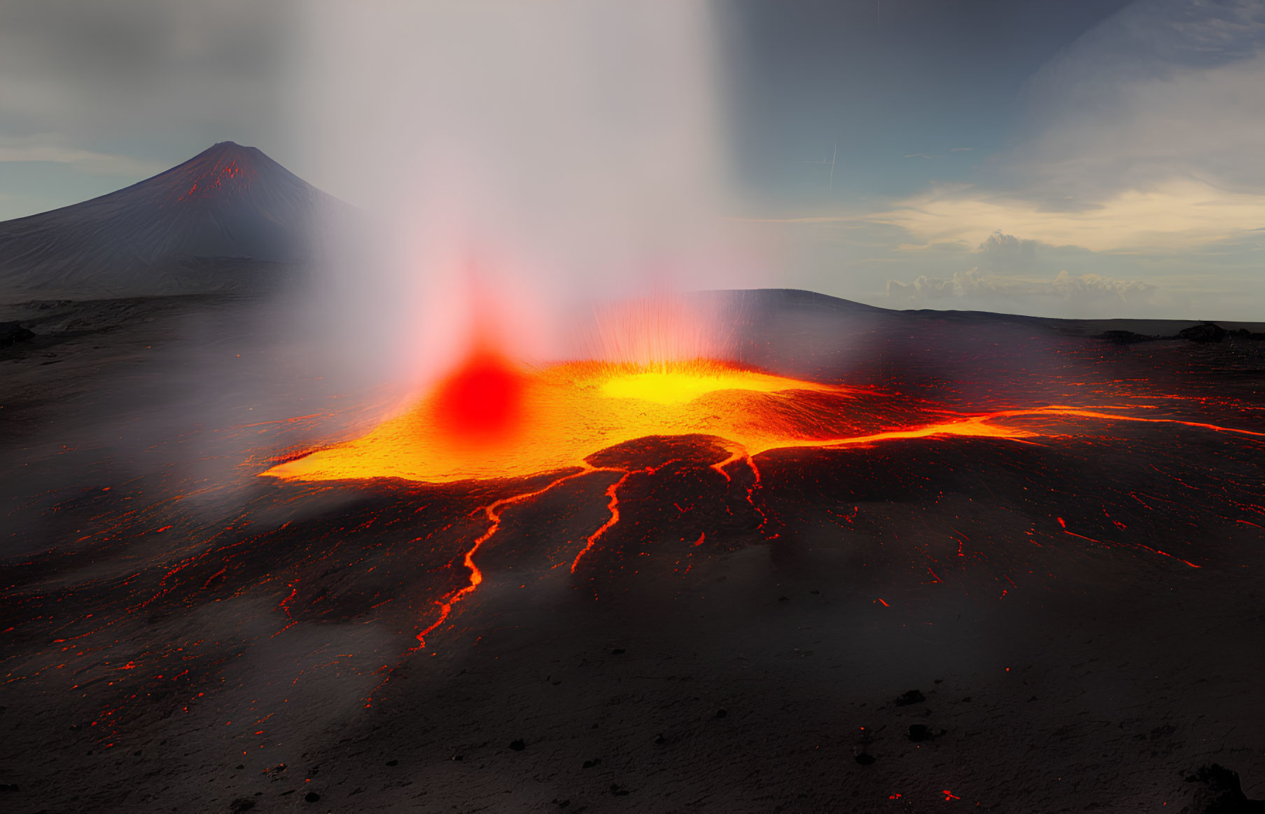 Volcanic landscape with erupting lava, flowing streams, and smoking volcano