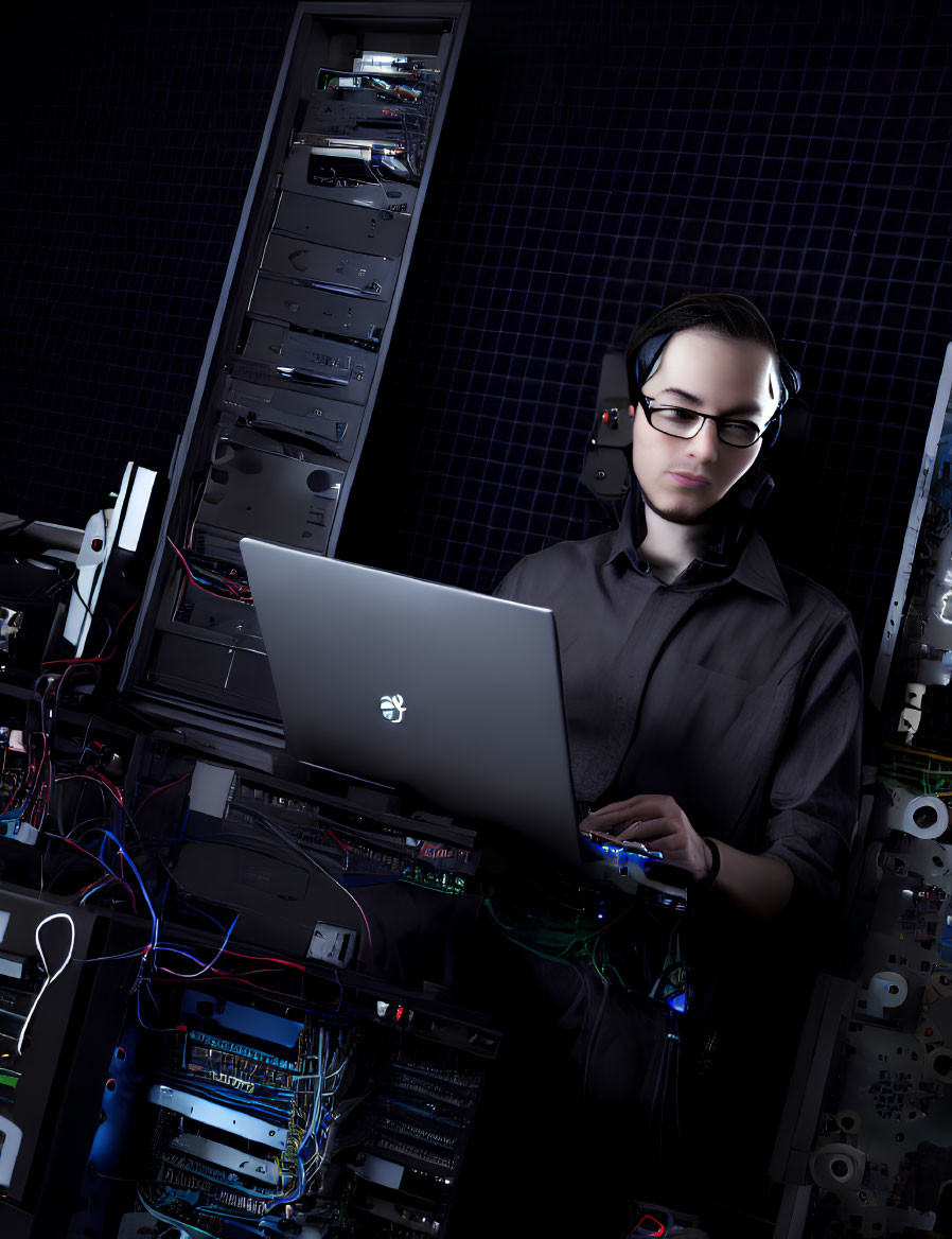 Person with Headphones Standing by Open Server Rack Filled with Electronic Equipment