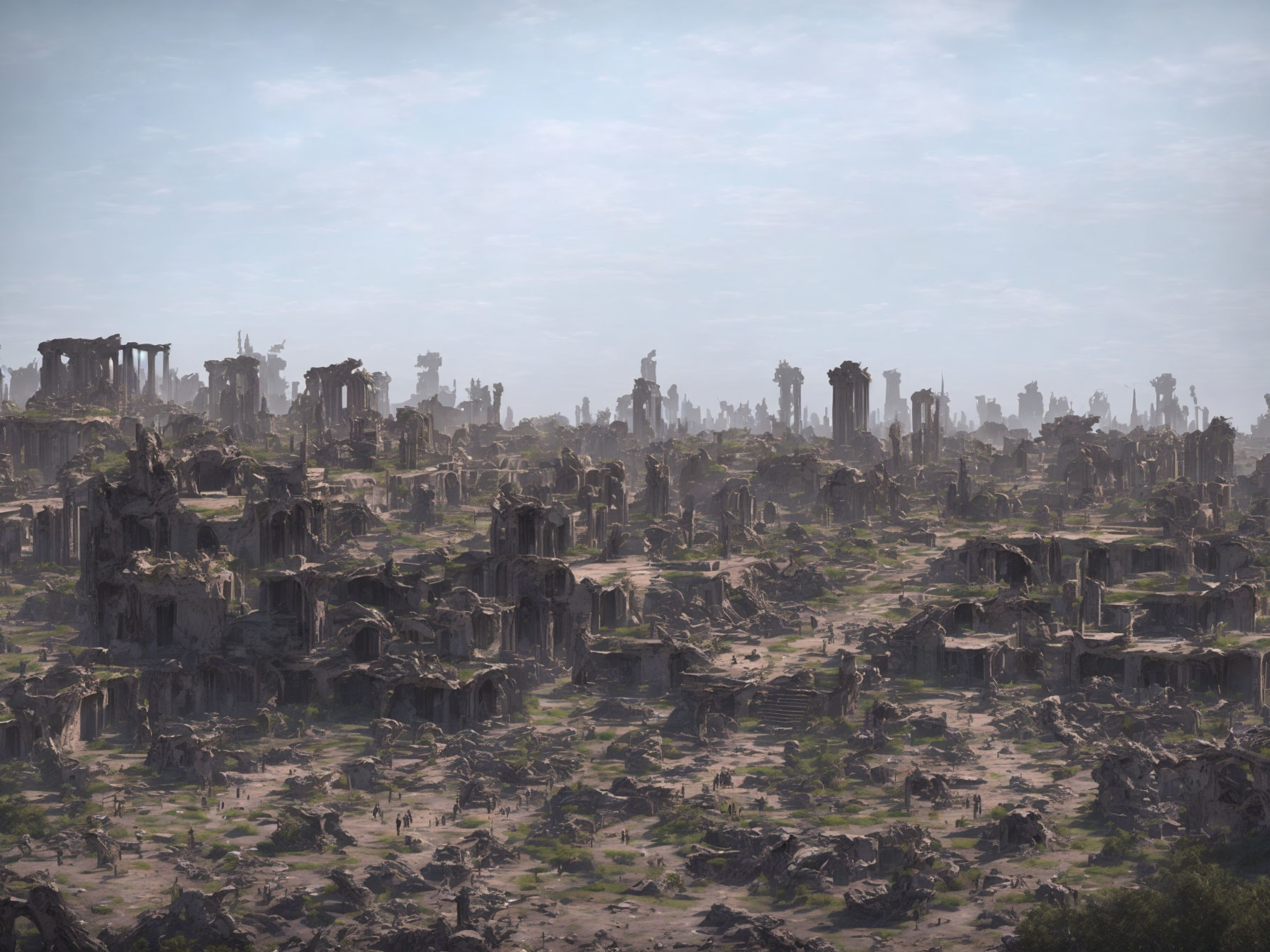 Dilapidated ruins of a vast ancient civilization landscape