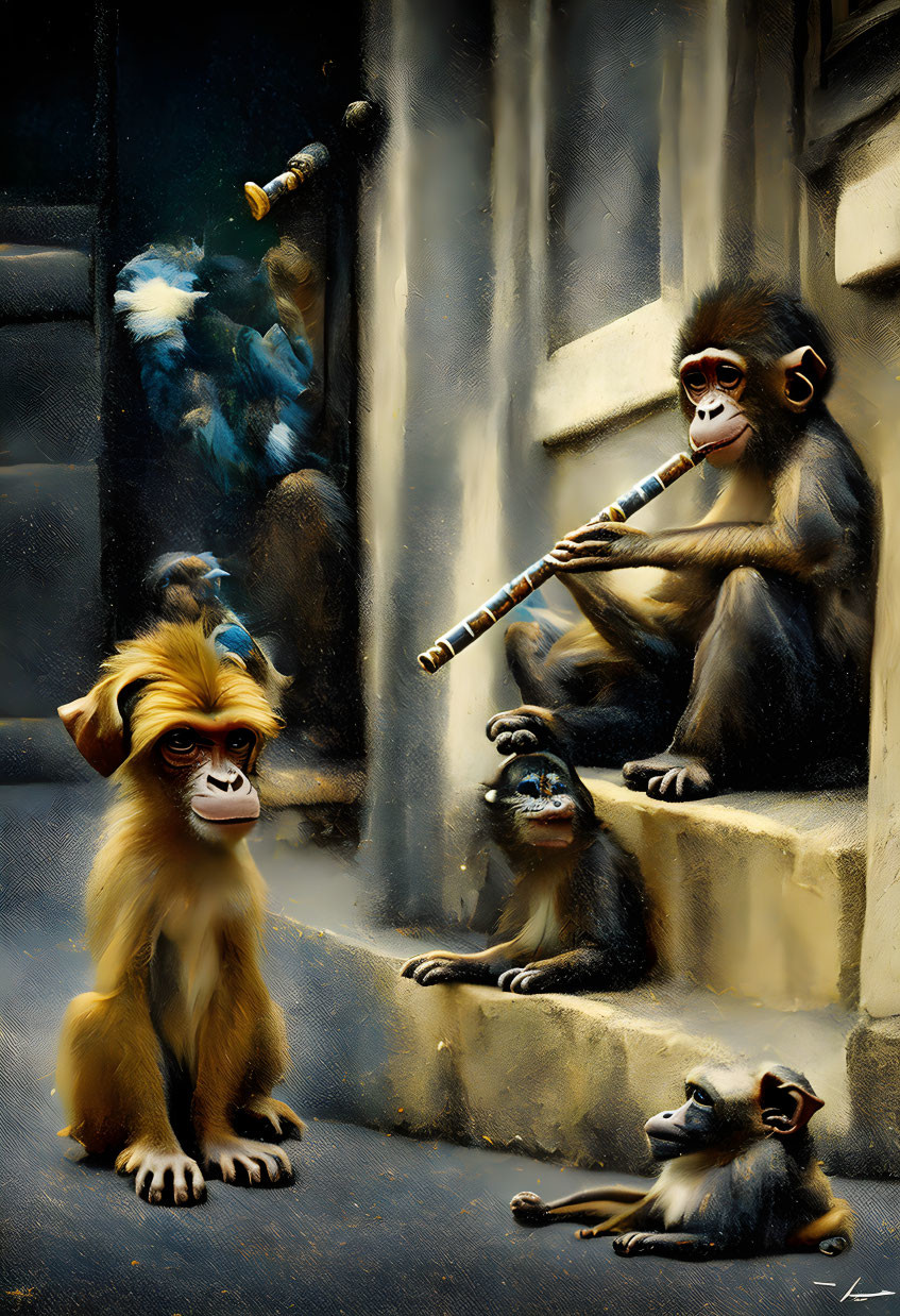 Stylized monkeys in human-like poses playing flute on street staircase