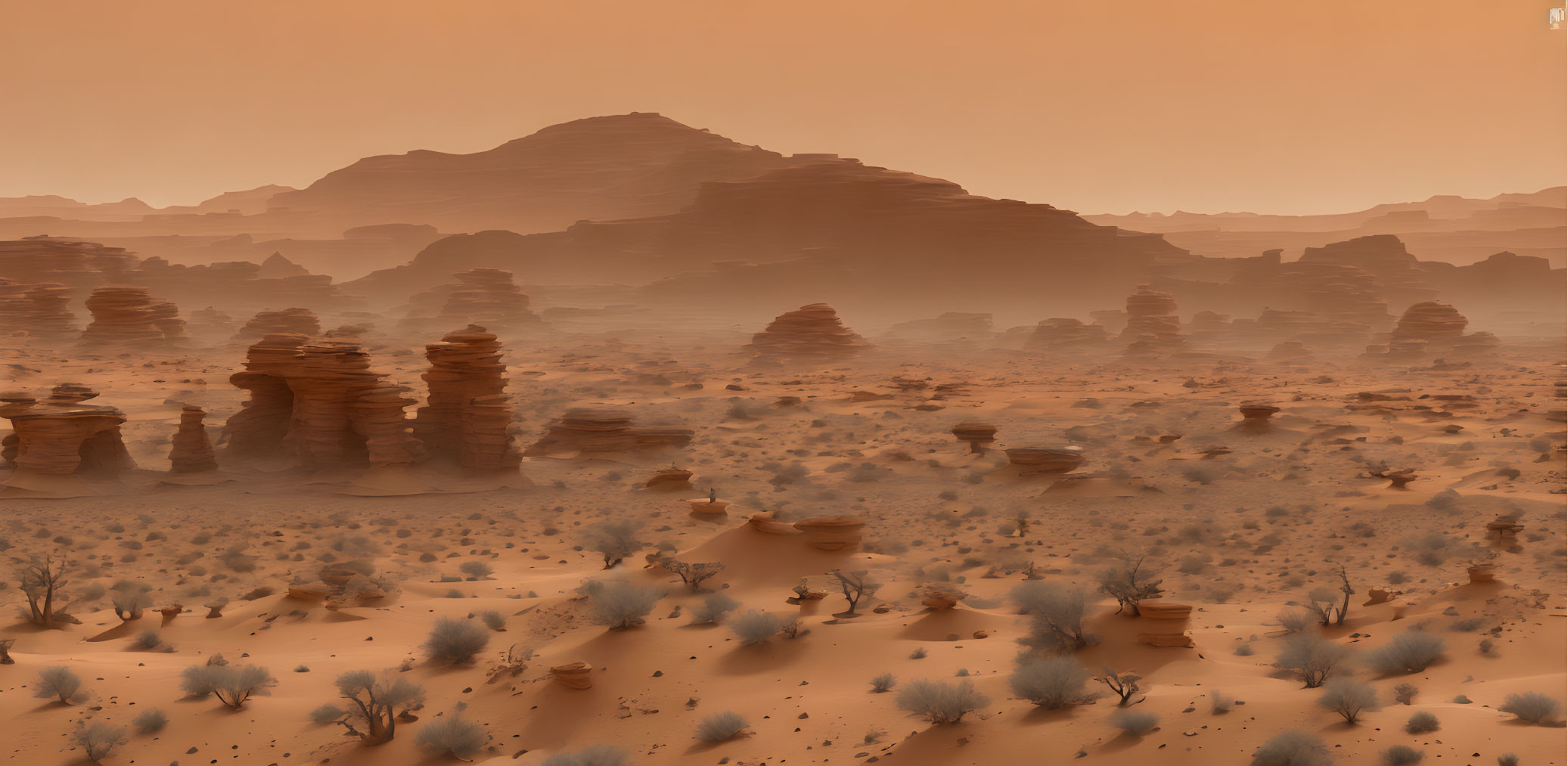 Desert landscape with layered rock formations under orange sky