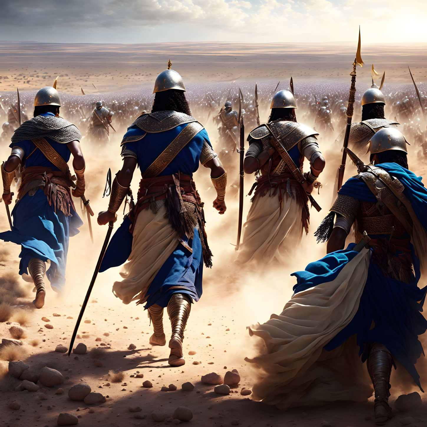 Armored medieval warriors with spears and swords in dusty desert.