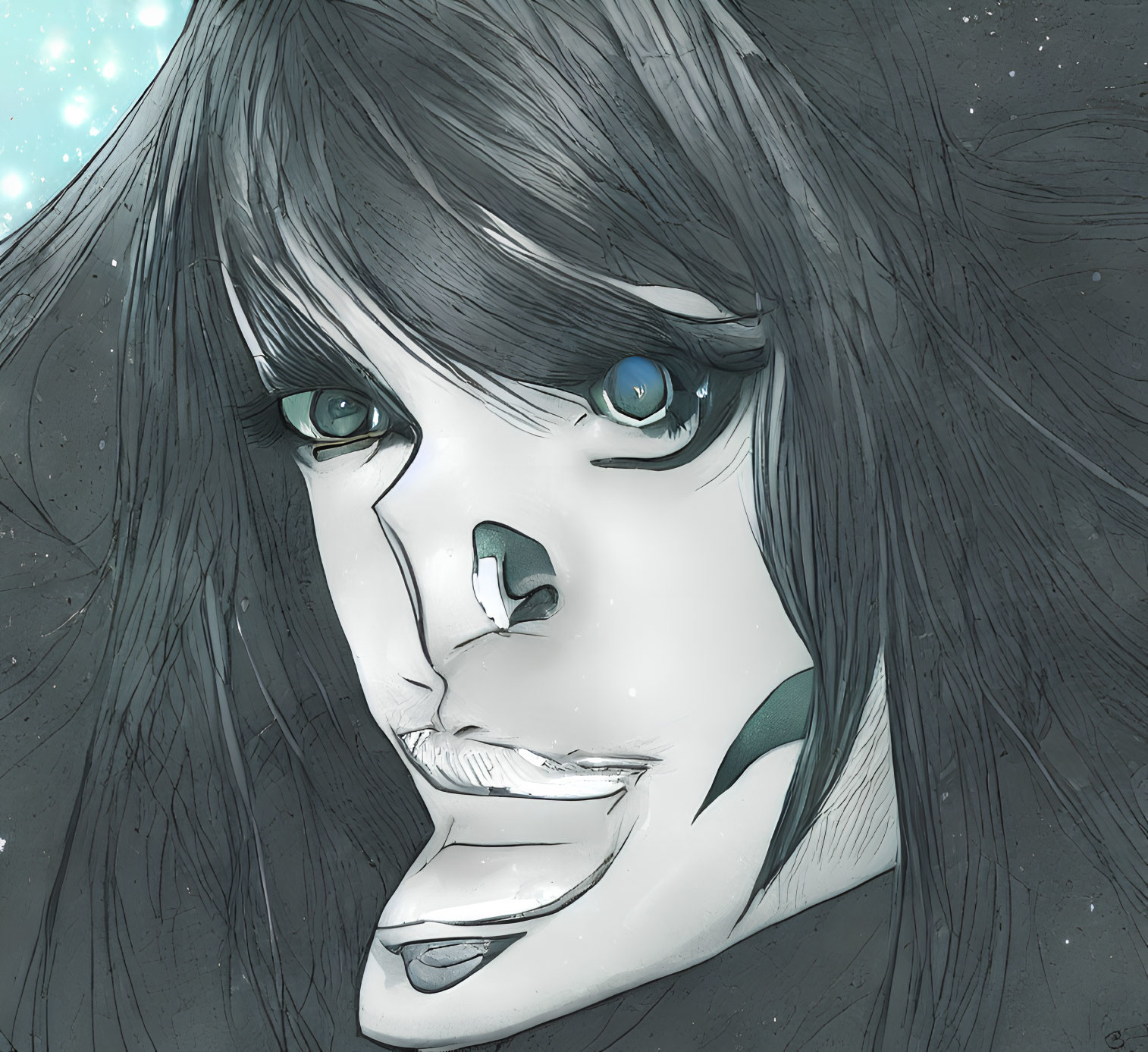 Person with Striking Blue Eyes and Dark Hair in Illustration