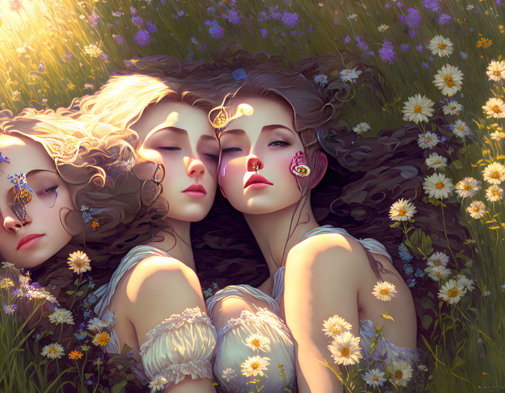 Three women adorned with ornate accessories in a sunlit meadow.