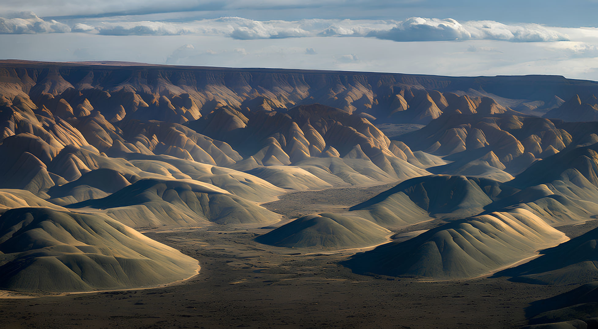 Barren desert landscape with undulating sand dunes and vast sky