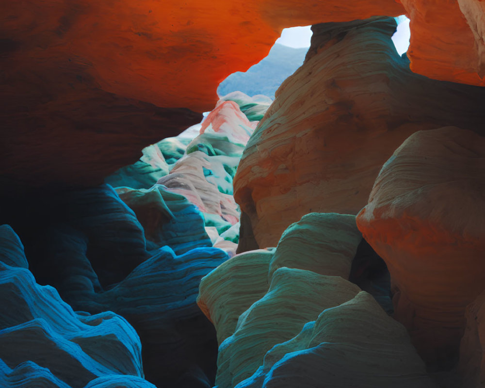 Colorful Slot Canyon Layers in Orange, Blue, and Green