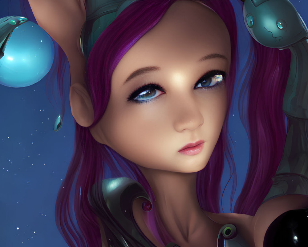 Digital artwork: Female character with purple hair, blue eyes, futuristic headphones, blue glow, water dro